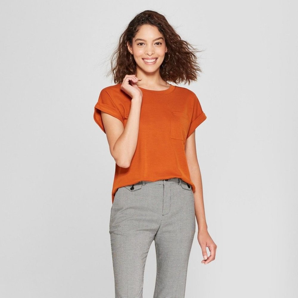A New Day Dark Orange Short Sleeve Cuff Shirt M